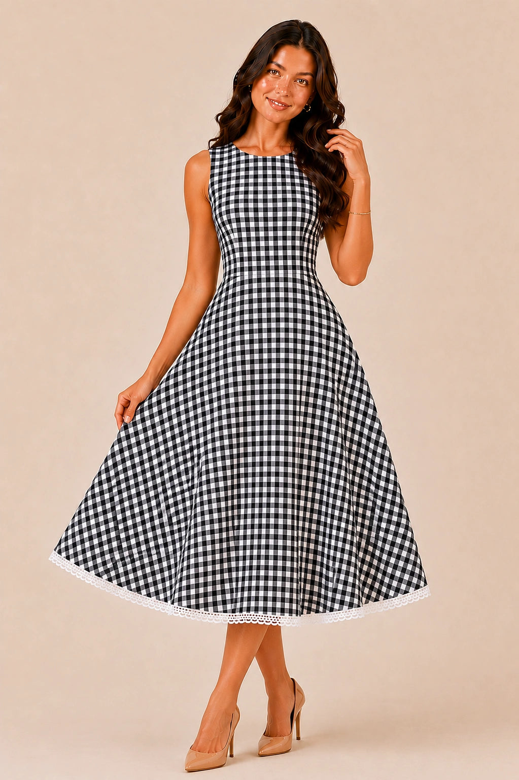 Verona Gingham Midi Dress with Lace Detailing