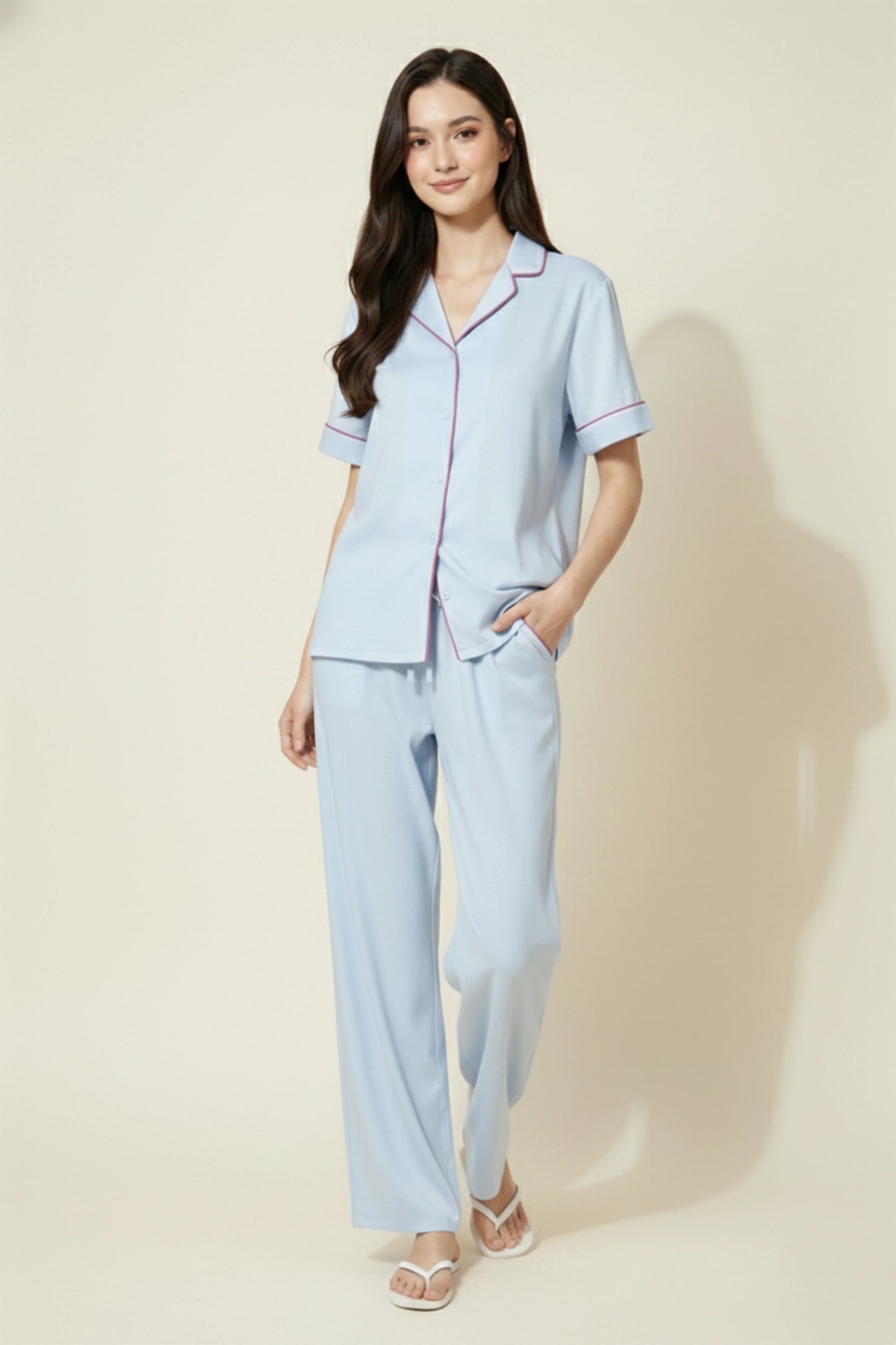 Blue Cotton Night Suit for Women with Contrast Piping - Half Sleeve