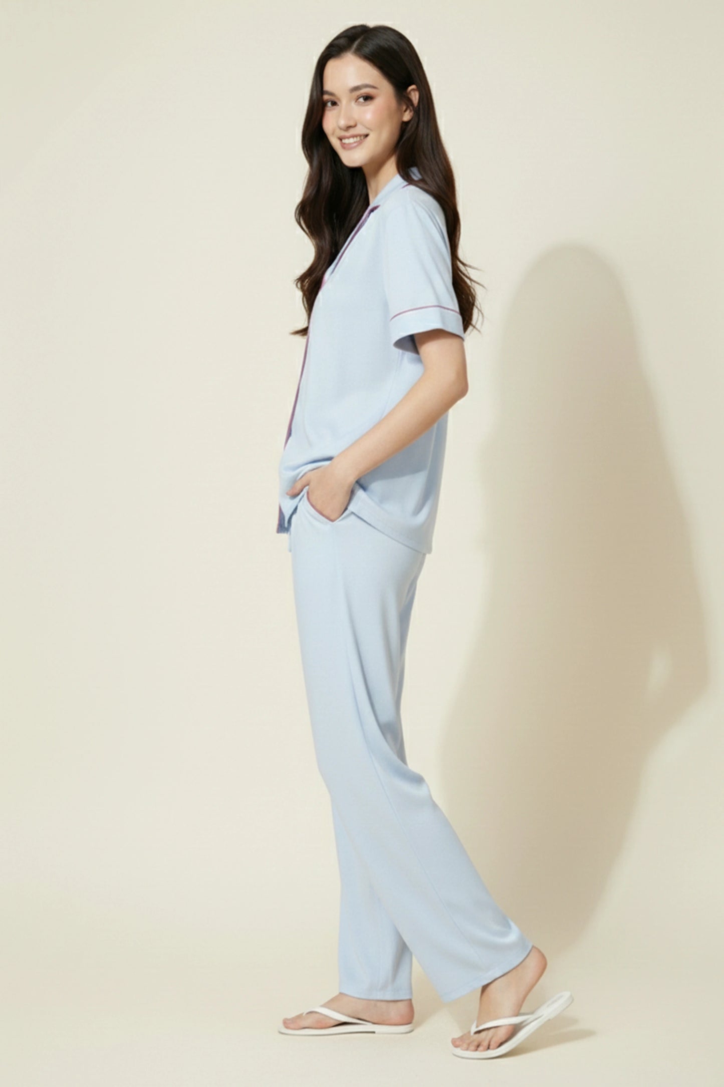 Blue Cotton Night Suit for Women with Contrast Piping - Half Sleeve
