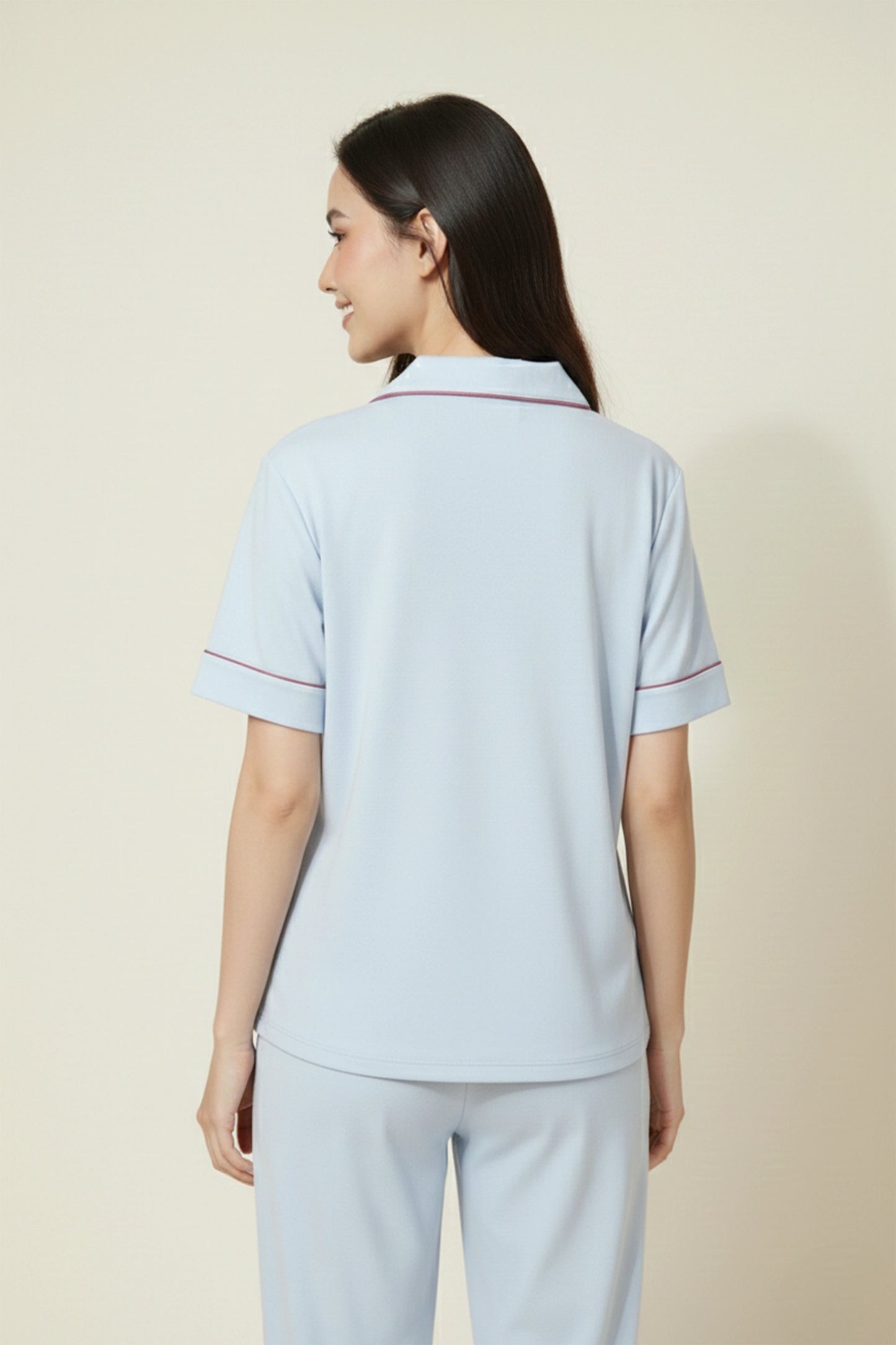 Blue Cotton Night Suit for Women with Contrast Piping - Half Sleeve