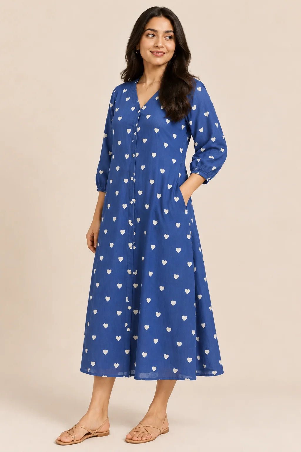 Blue Heart Print V-Neck Button-Down Midi Dress