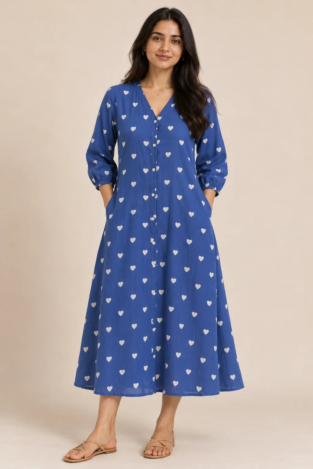 Blue Heart Print V-Neck Button-Down Midi Dress