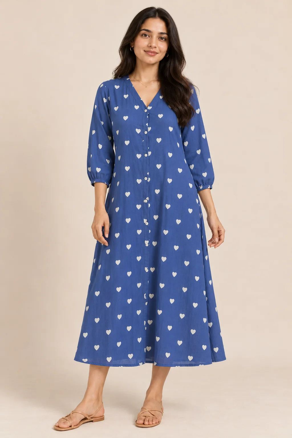 Blue Heart Print V-Neck Button-Down Midi Dress