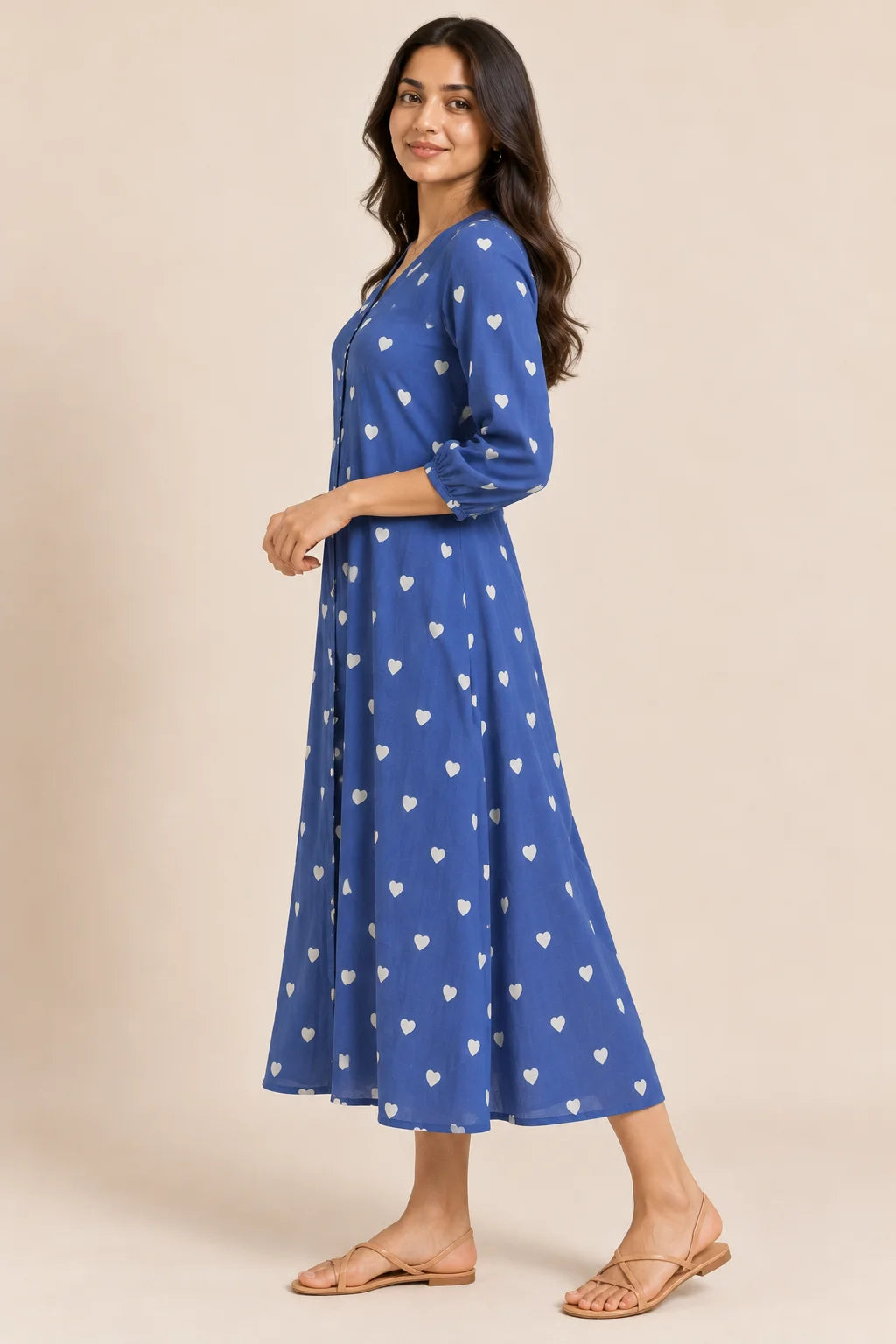 Blue Heart Print V-Neck Button-Down Midi Dress