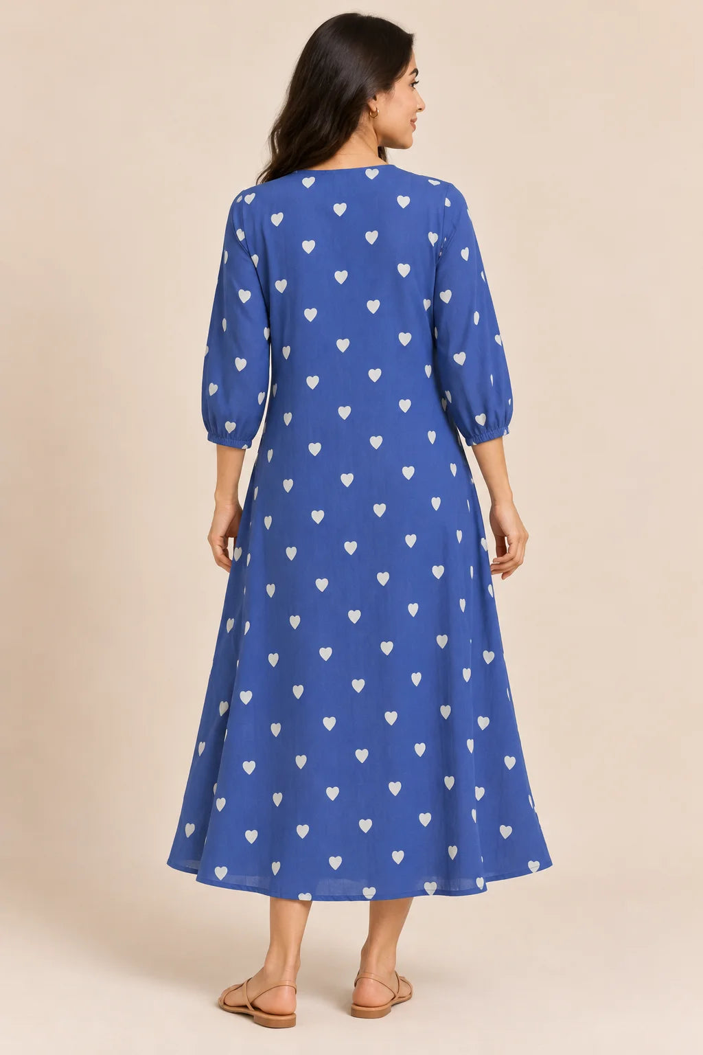 Blue Heart Print V-Neck Button-Down Midi Dress