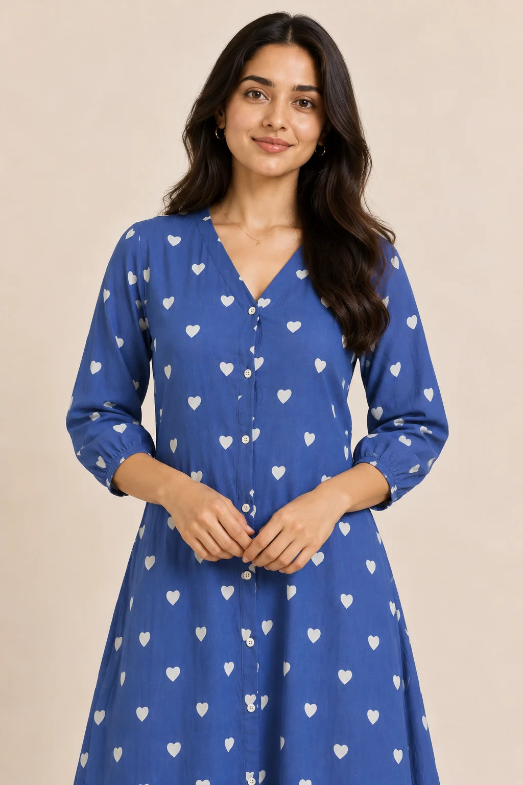Blue Heart Print V-Neck Button-Down Midi Dress