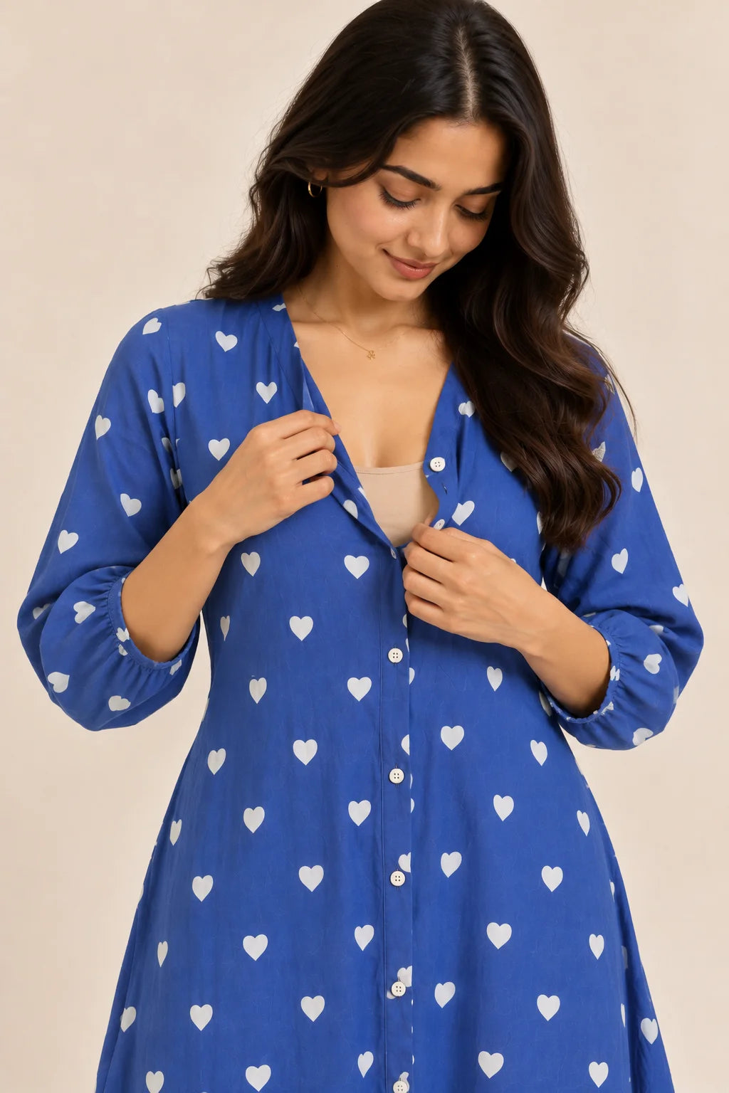 Blue Heart Print V-Neck Button-Down Midi Dress