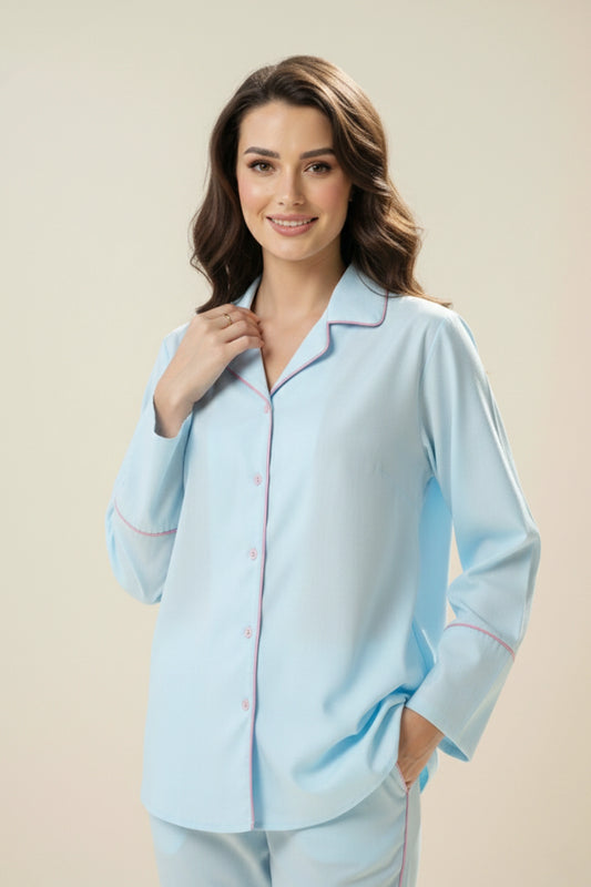 Pastel Blue Cotton Night Suit with Contrast Piping