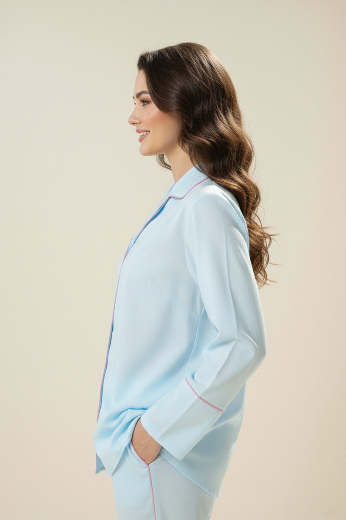 Pastel Blue Cotton Night Suit with Contrast Piping