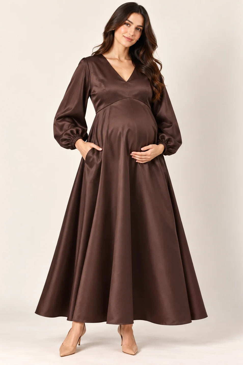 Brown Satin Maternity Gown with Balloon Sleeves