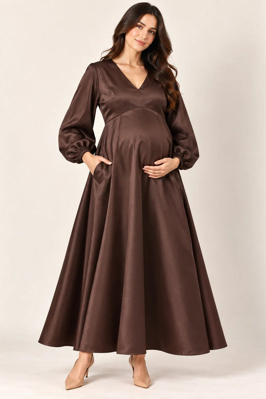 Brown Satin Maternity Gown with Balloon Sleeves