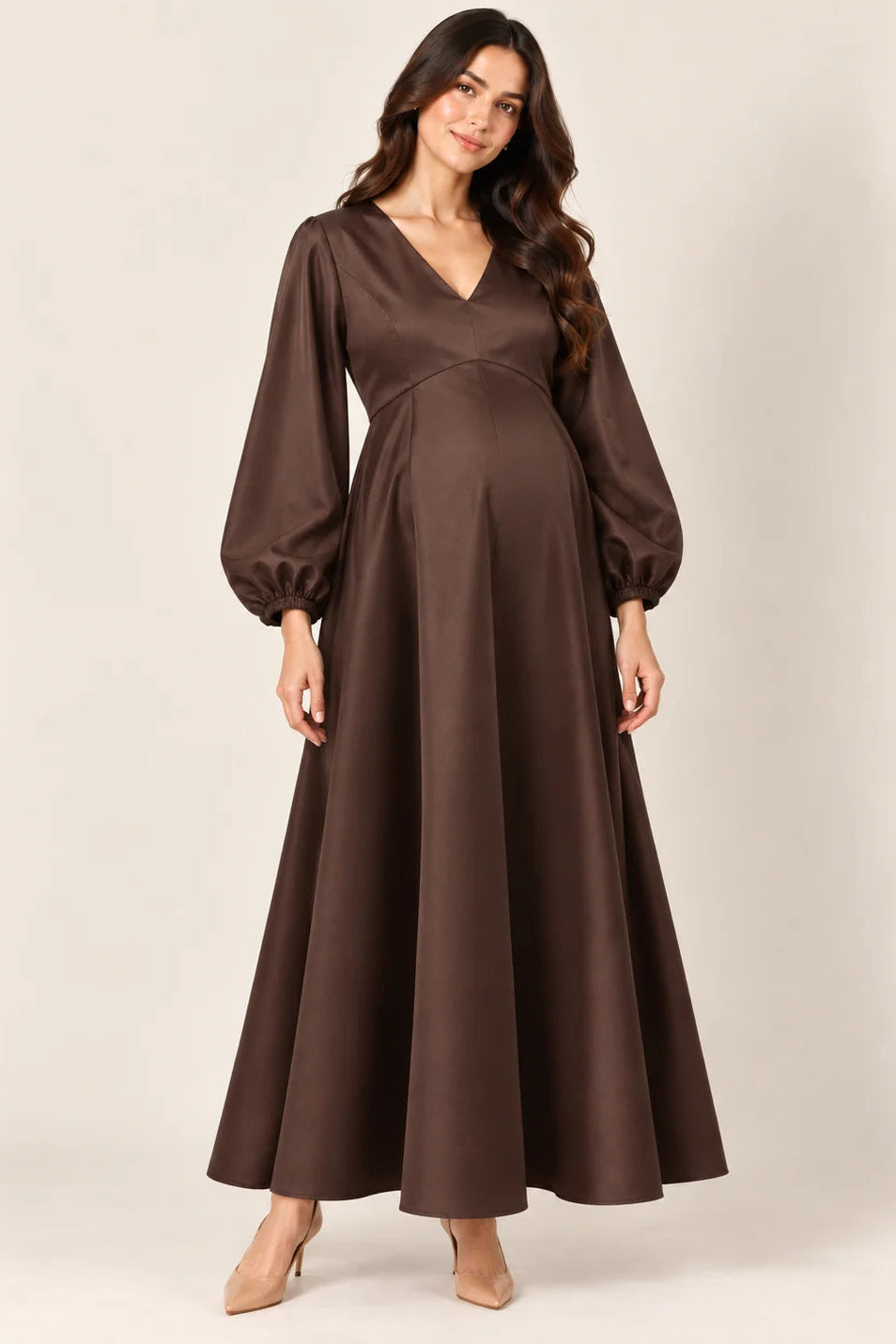 Brown Satin Maternity Gown with Balloon Sleeves