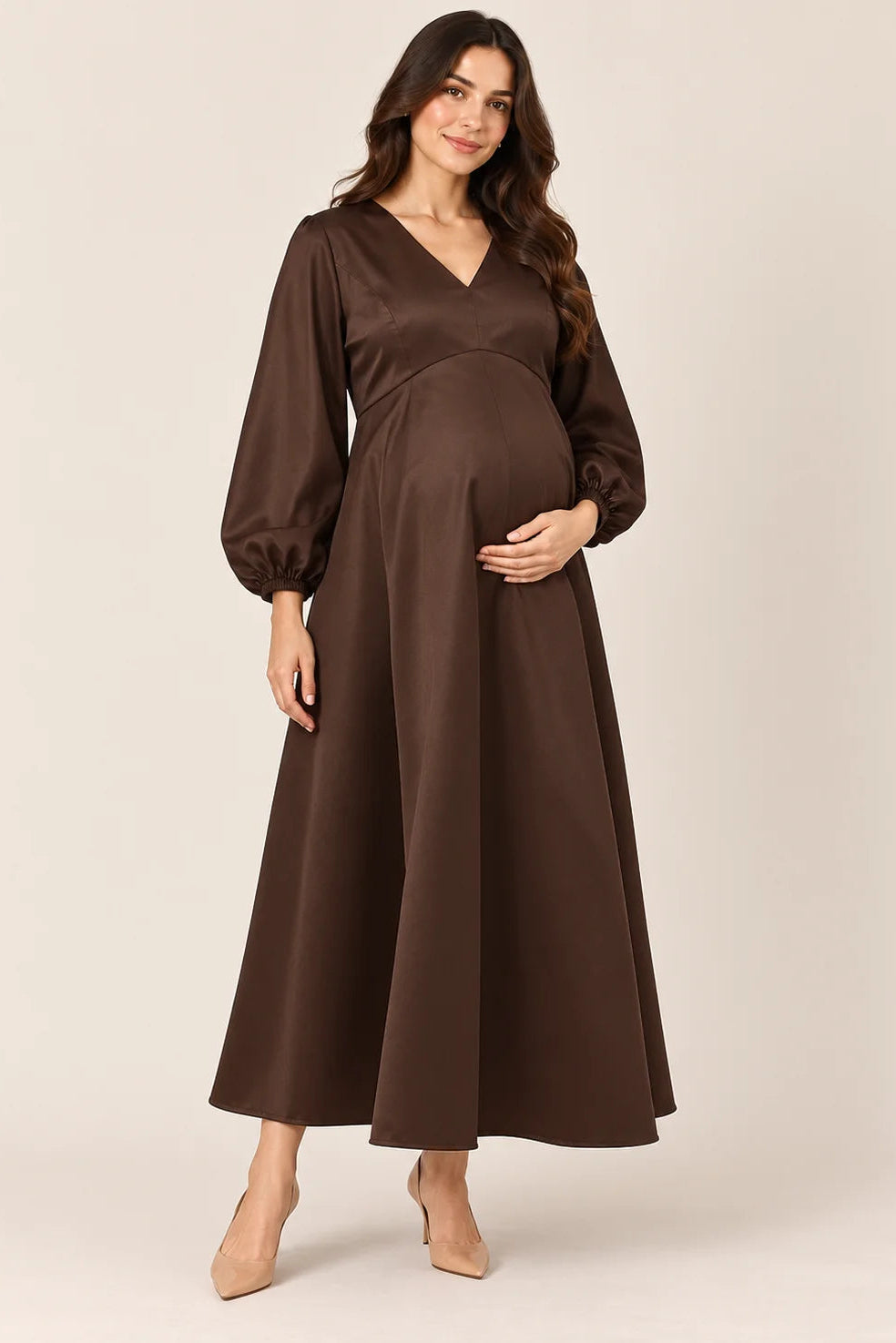 Brown Satin Maternity Gown with Balloon Sleeves