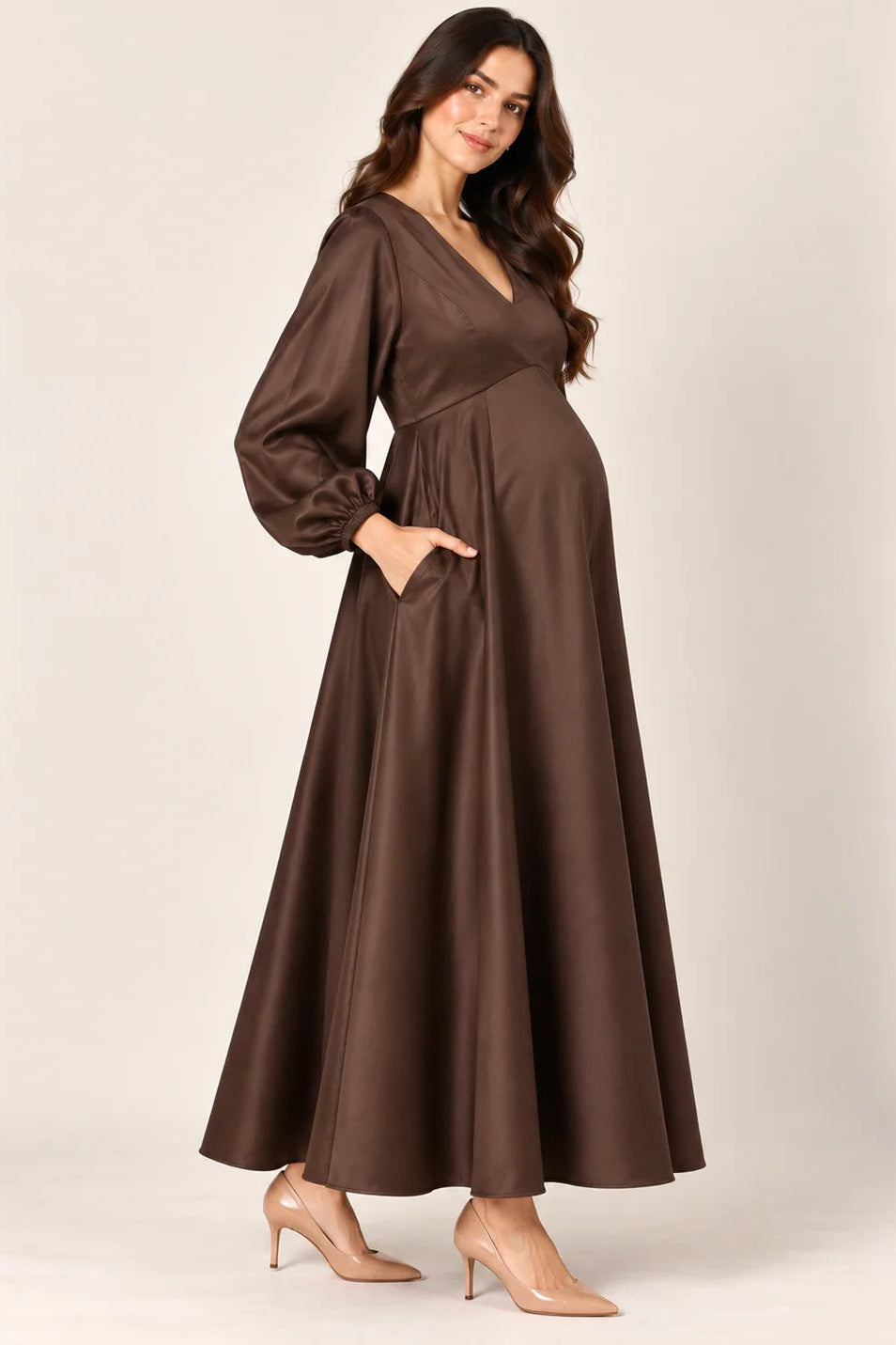 Brown Satin Maternity Gown with Balloon Sleeves