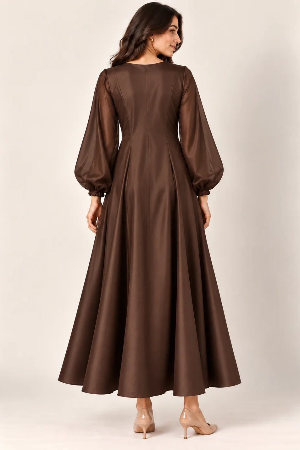 Brown Satin Maternity Gown with Balloon Sleeves