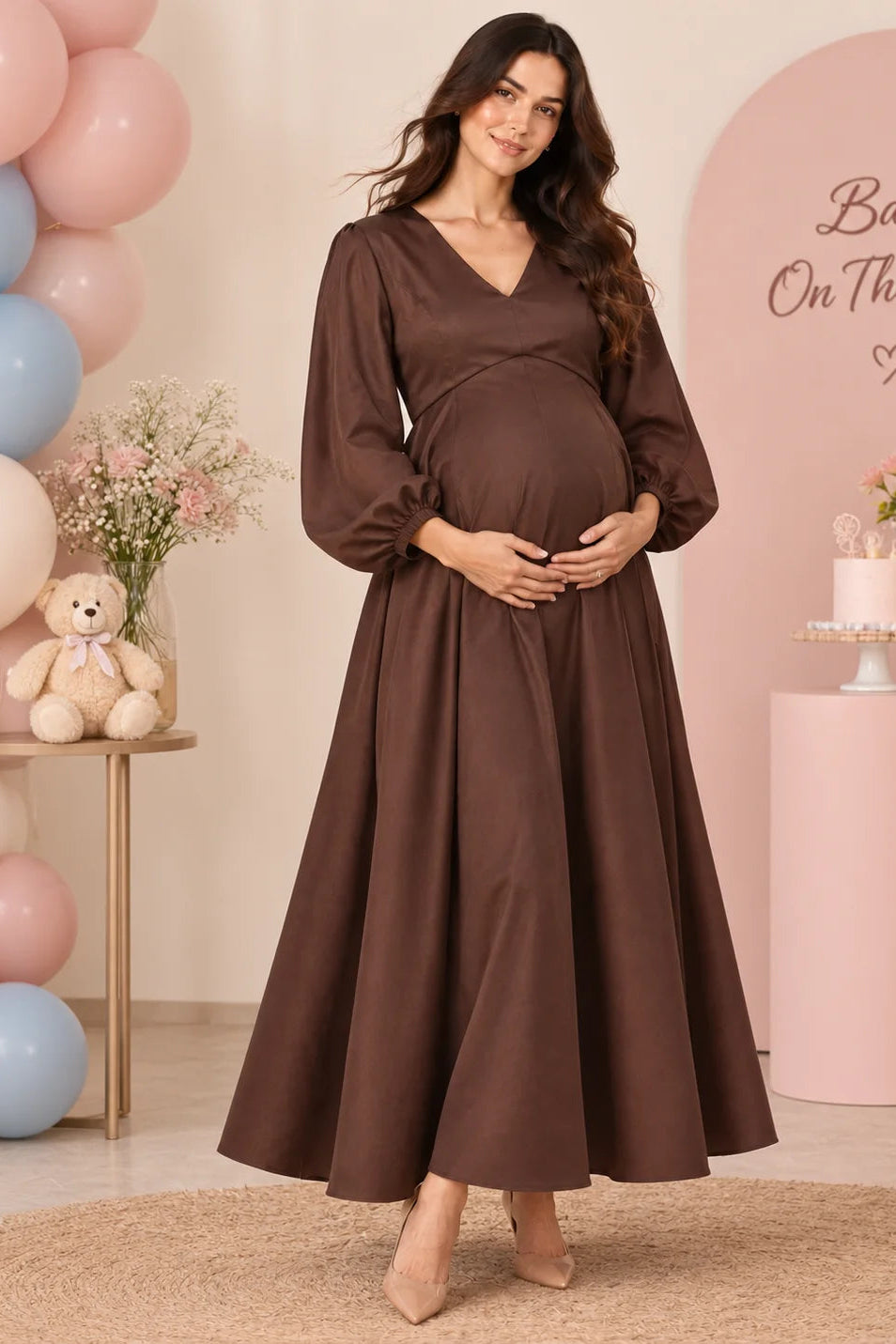 Brown Satin Maternity Gown with Balloon Sleeves