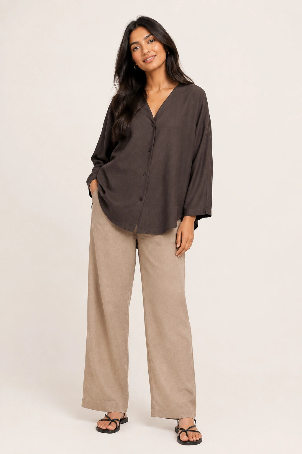 Chocolate Brown V-Neck Button-Down Relaxed Fit Top