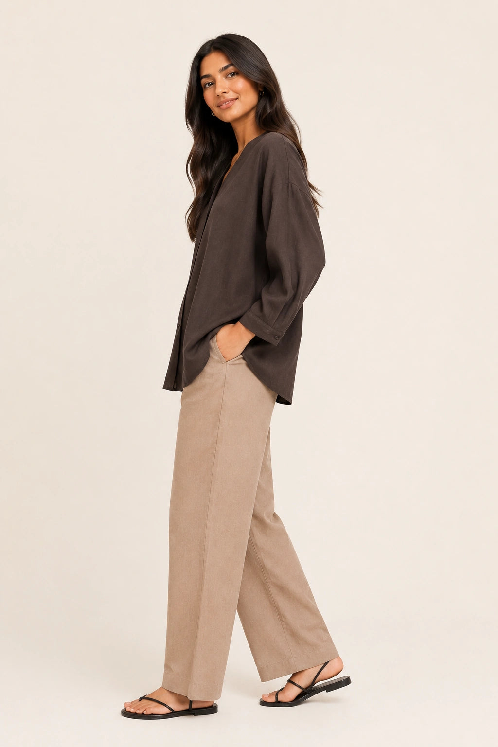Chocolate Brown V-Neck Button-Down Relaxed Fit Top