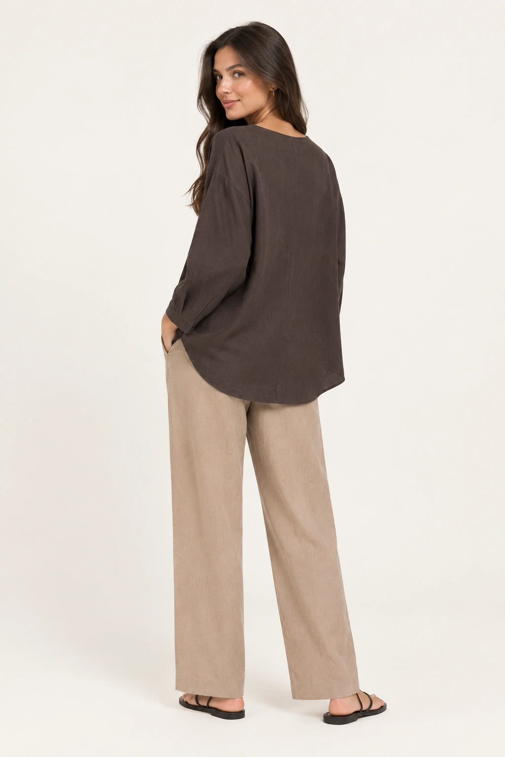 Chocolate Brown V-Neck Button-Down Relaxed Fit Top