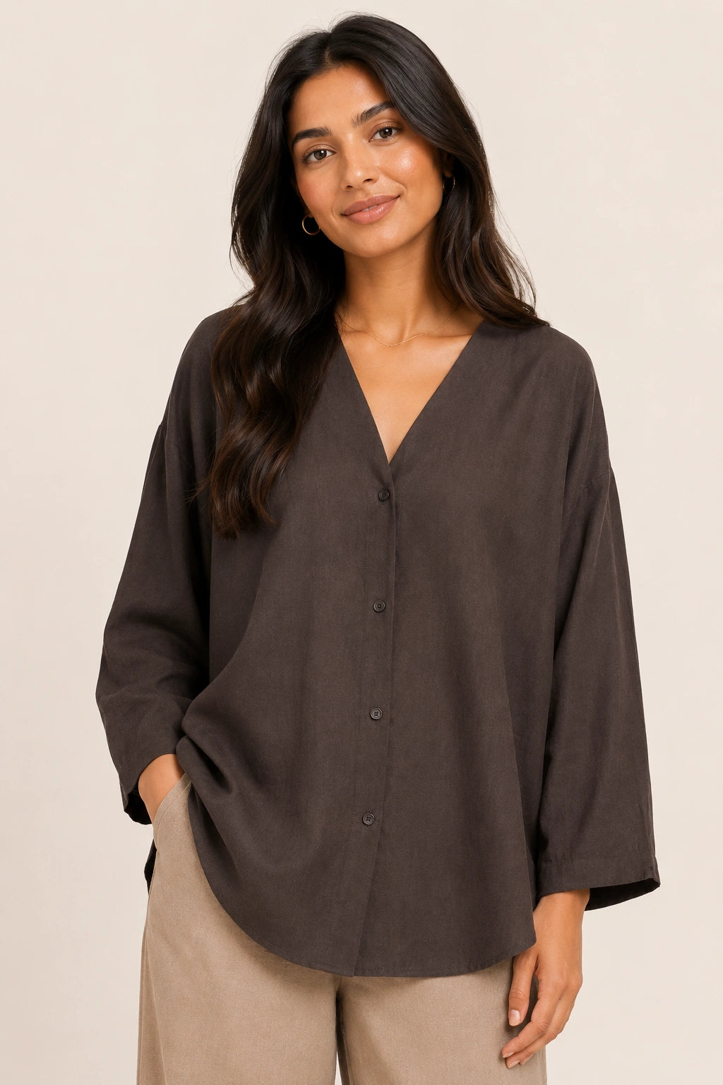 Chocolate Brown V-Neck Button-Down Relaxed Fit Top