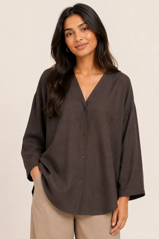 Chocolate Brown V-Neck Button-Down Relaxed Fit Top