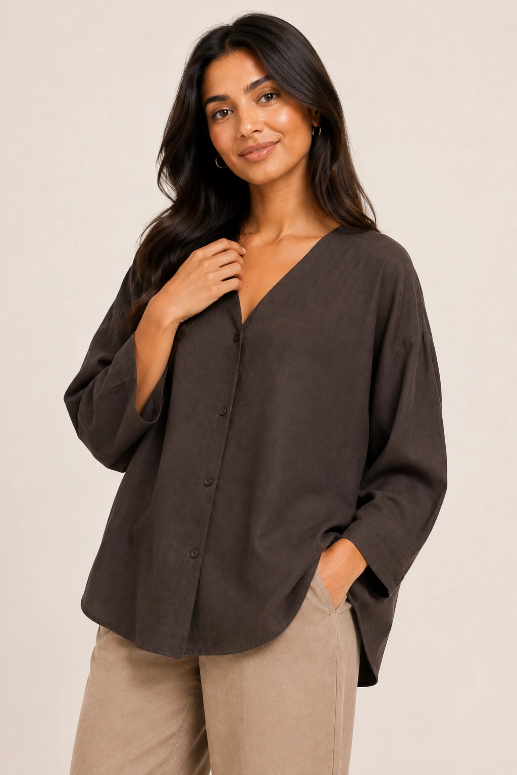 Chocolate Brown V-Neck Button-Down Relaxed Fit Top