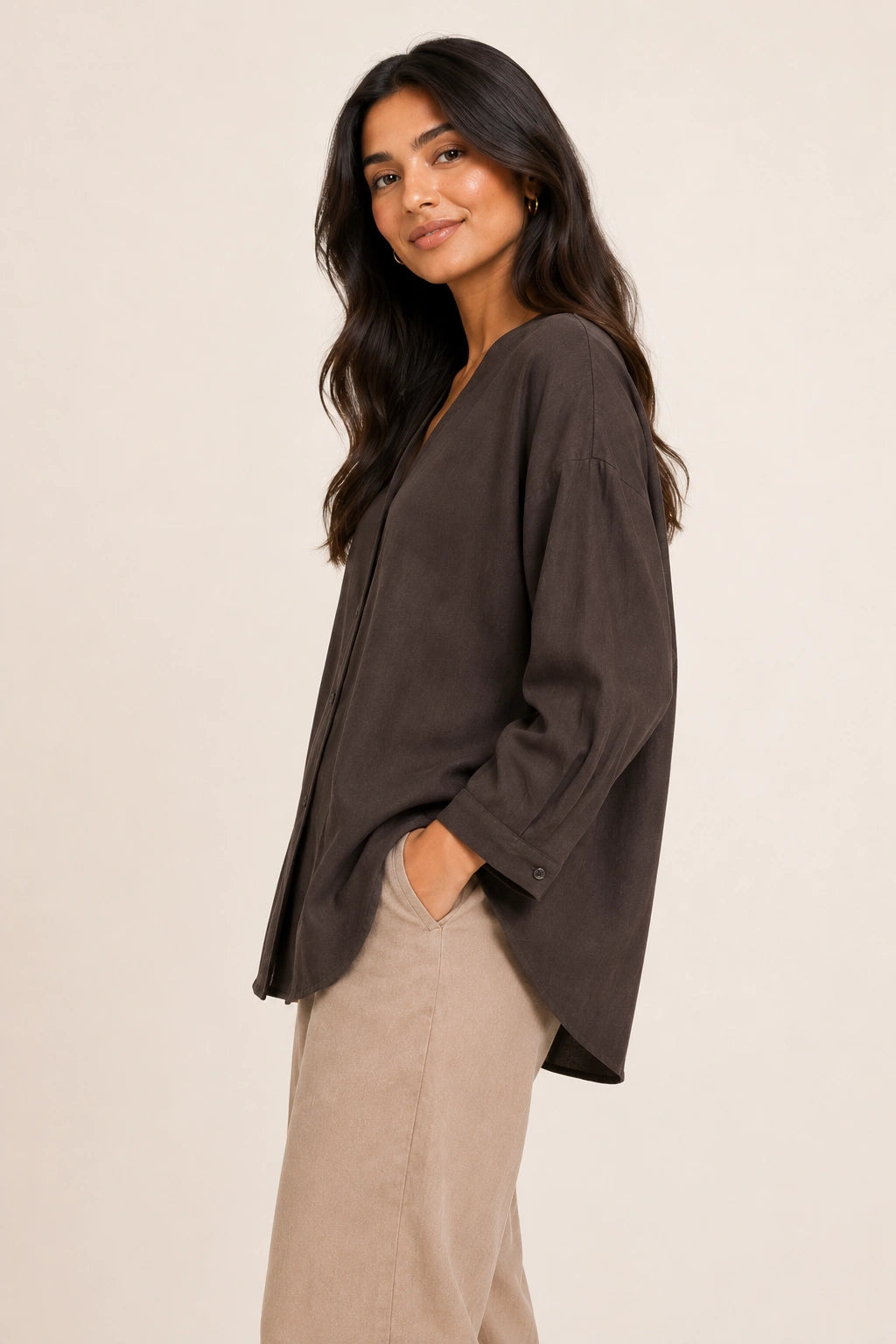 Chocolate Brown V-Neck Button-Down Relaxed Fit Top