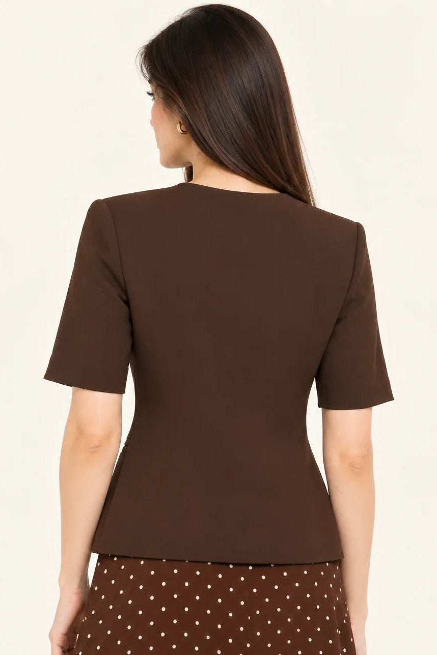 Amber Brown Waistcoat - Women’s Structured V-Neck, Button Front, Half-Sleeve Waistcoat