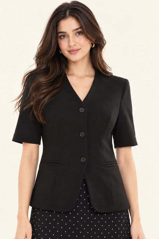 Eclipse Black Waistcoat - Women’s Structured V-Neck, Button Front, Half-Sleeve Waistcoat