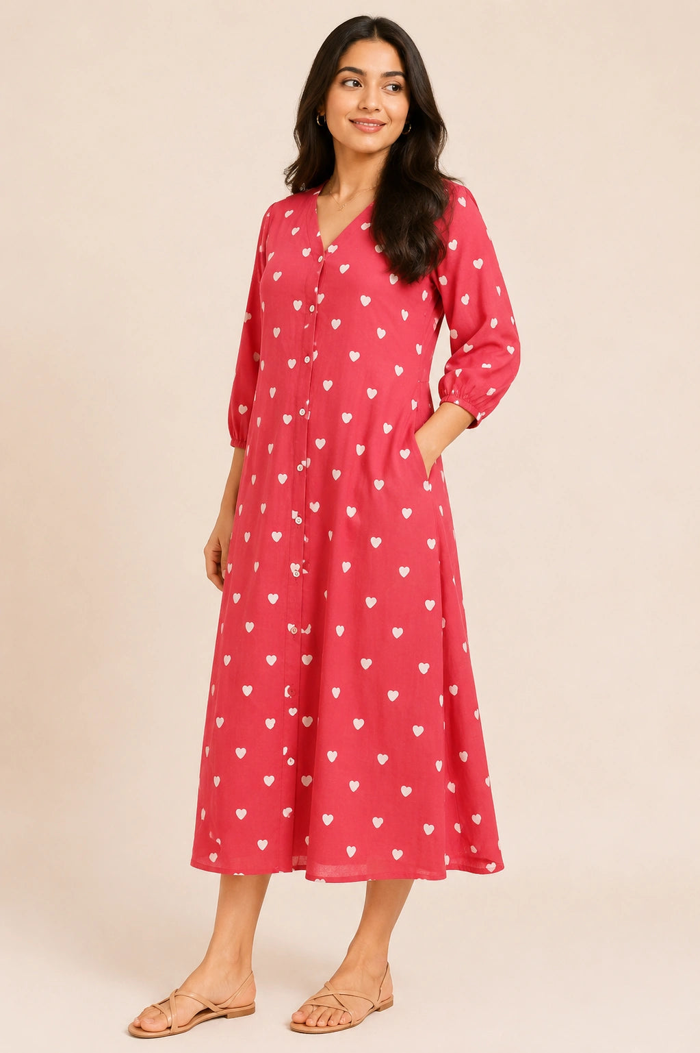 Heart Print V-Neck Button-Down Midi Dress