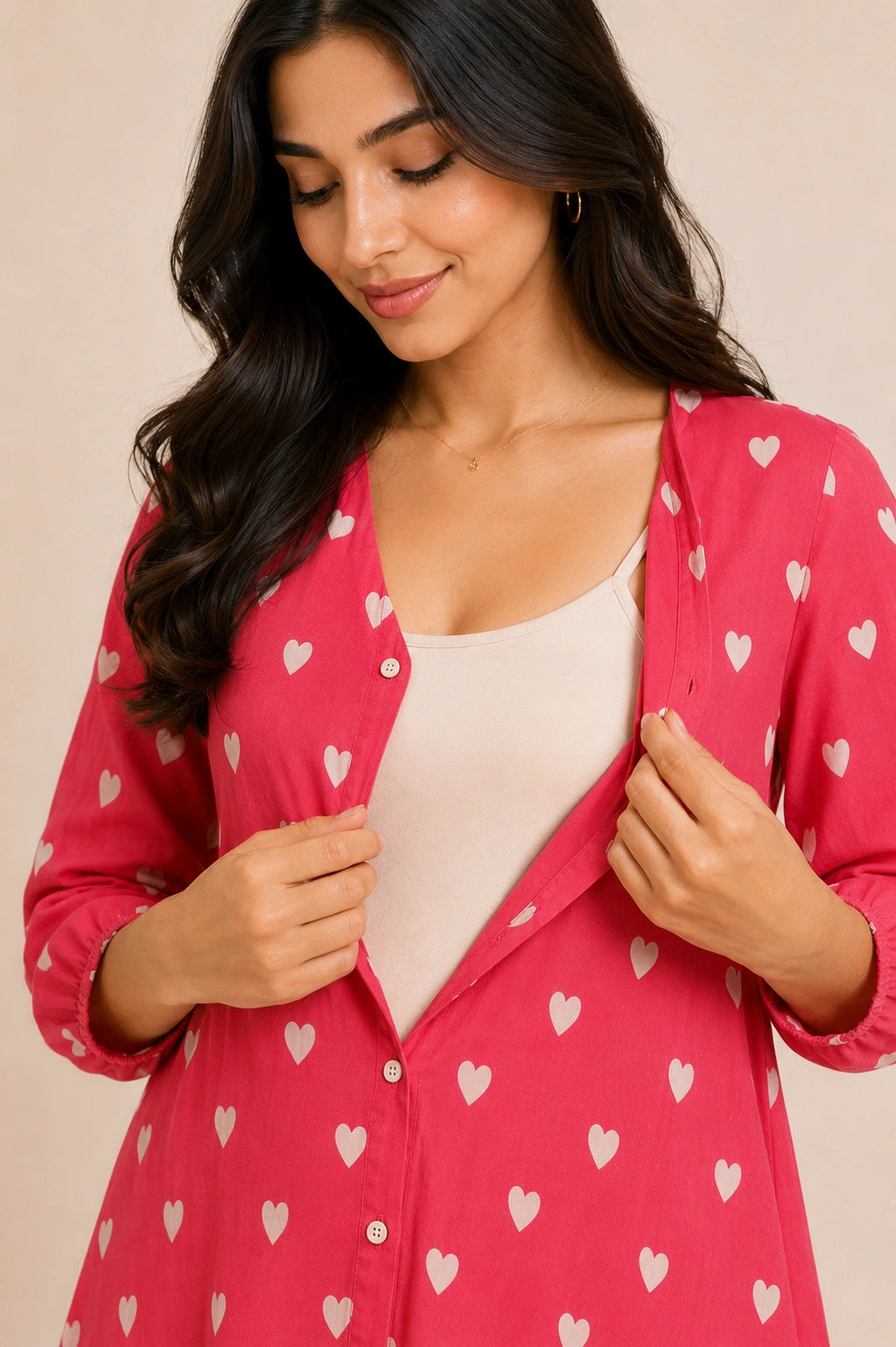 Heart Print V-Neck Button-Down Midi Dress