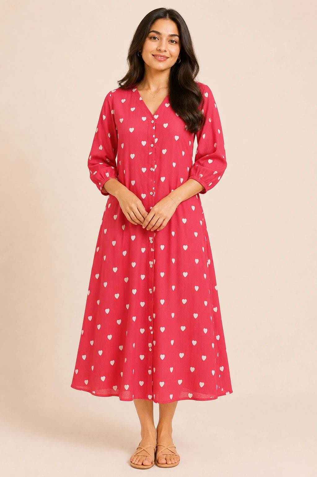 Heart Print V-Neck Button-Down Midi Dress