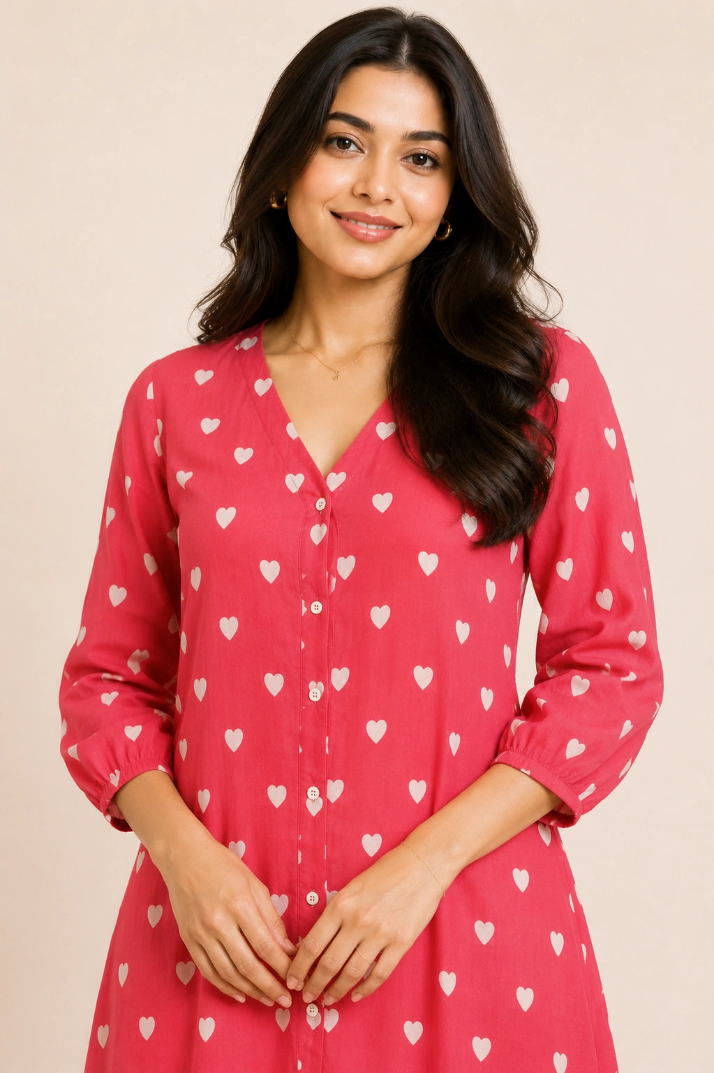 Heart Print V-Neck Button-Down Midi Dress