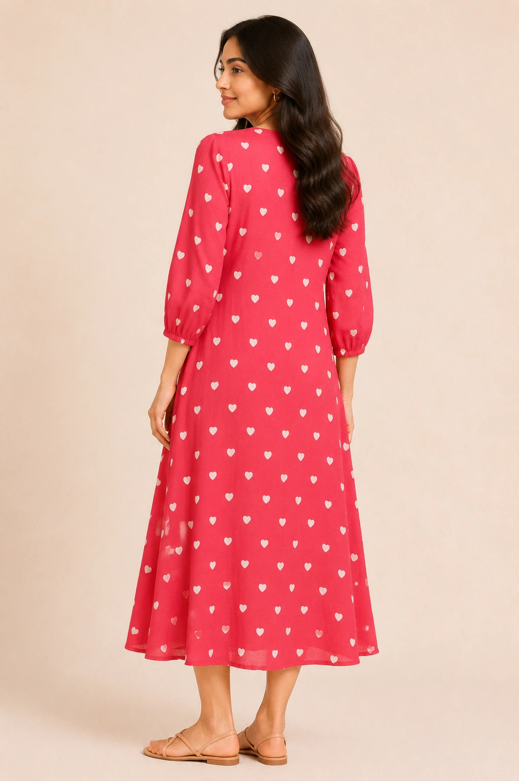 Heart Print V-Neck Button-Down Midi Dress