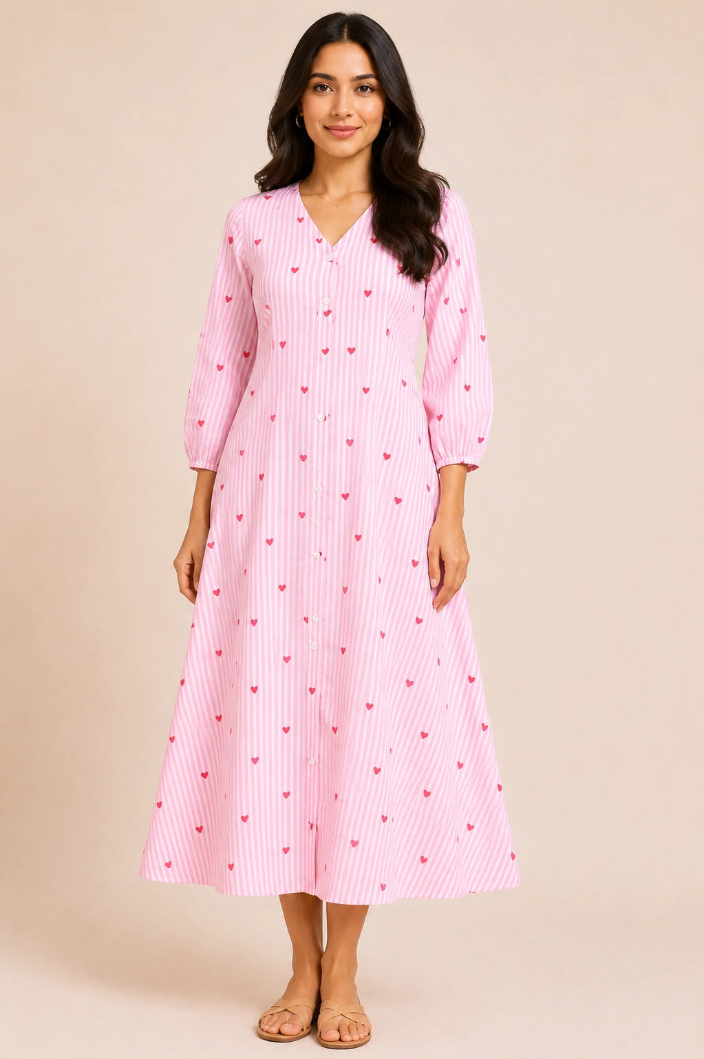 Pink Striped Heart Print V-Neck Midi Dress