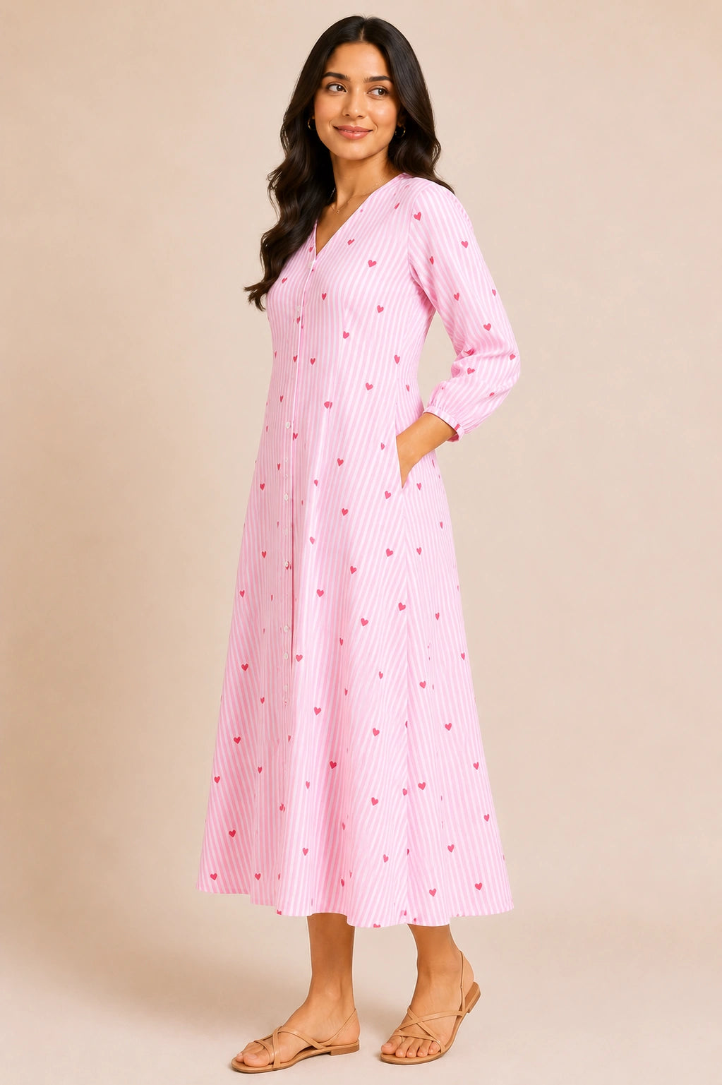 Pink Striped Heart Print V-Neck Midi Dress