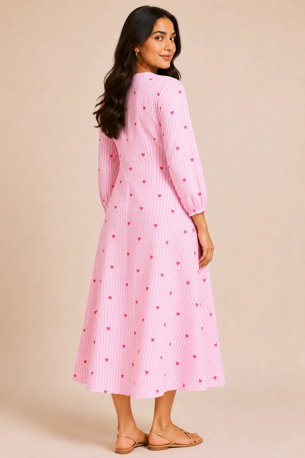 Pink Striped Heart Print V-Neck Midi Dress