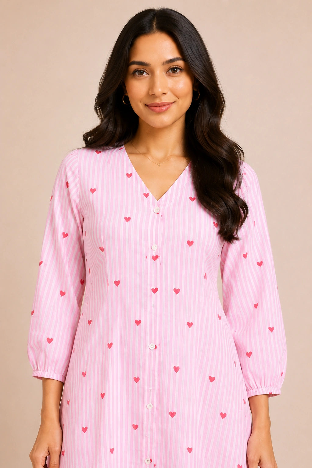 Pink Striped Heart Print V-Neck Midi Dress