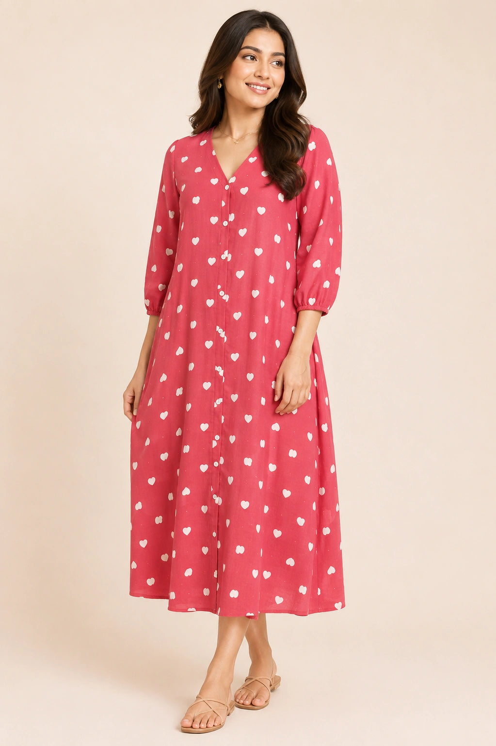 Heart Print V-Neck Button-Down Midi Dress
