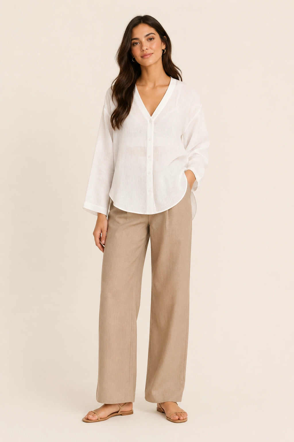 White V-Neck Button-Down Relaxed Fit Top