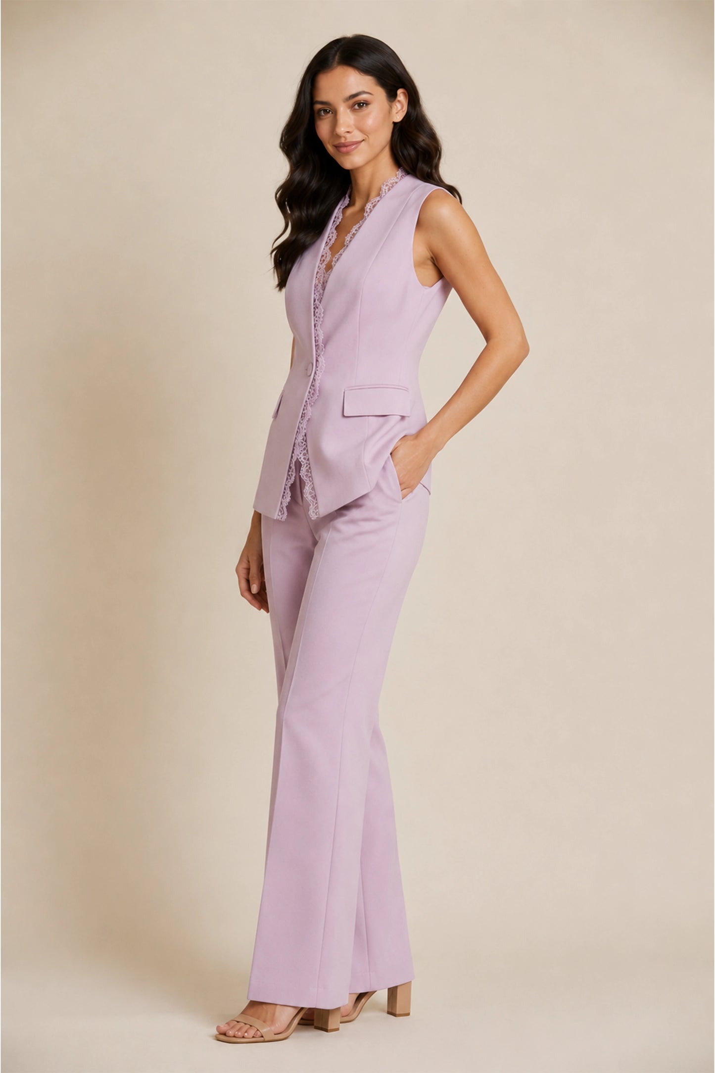 Lilac Lace Detail V- Neck Waistcoat