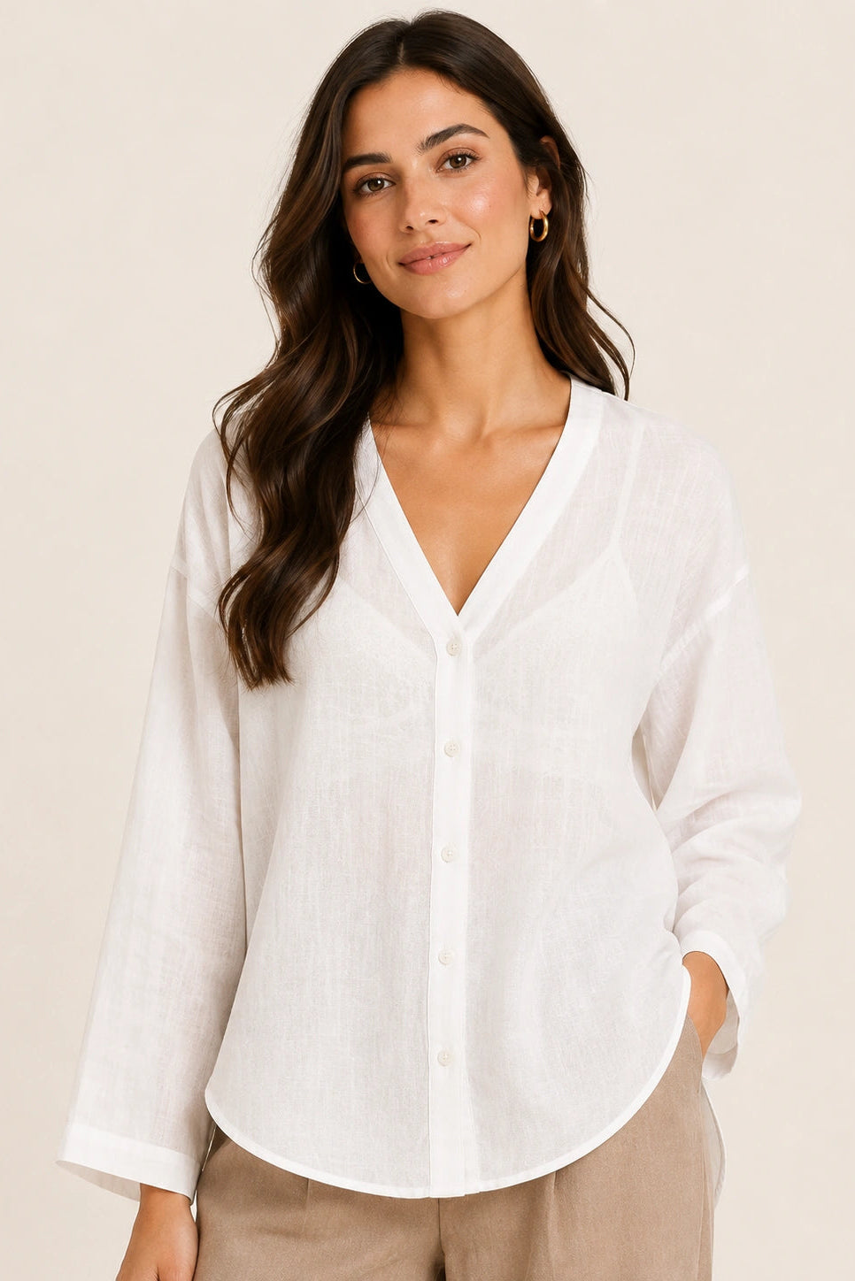 White V-Neck Button-Down Relaxed Fit Top