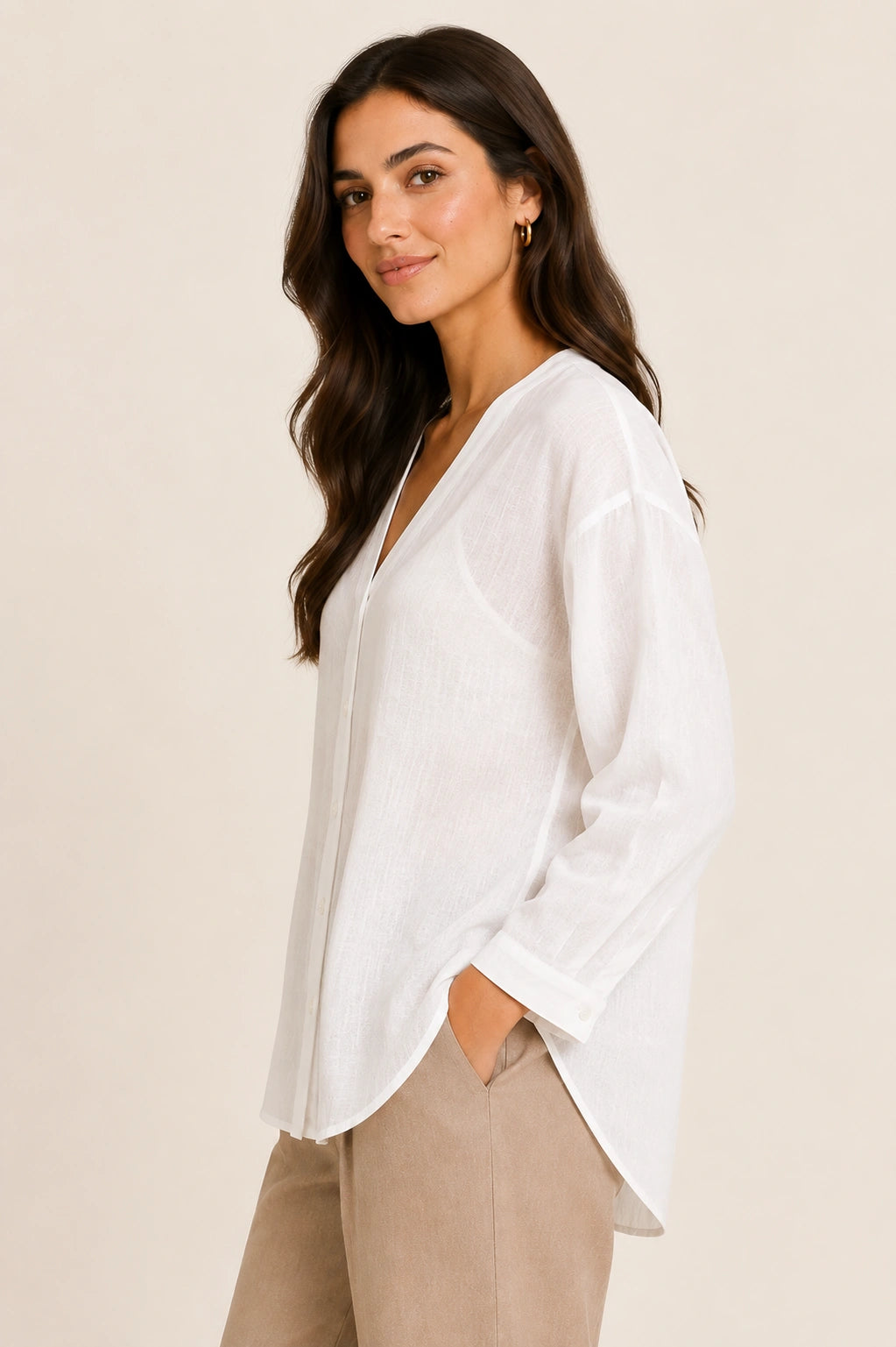 White V-Neck Button-Down Relaxed Fit Top
