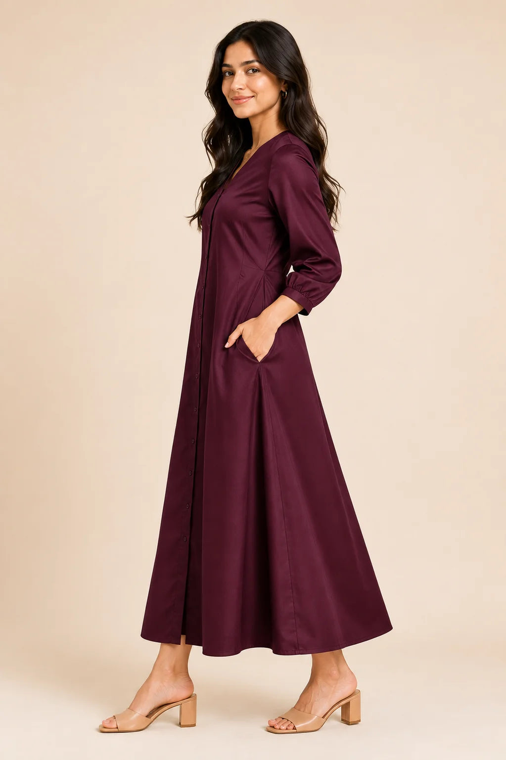 Maroon Button Down A-Line Midi Dress with Pockets