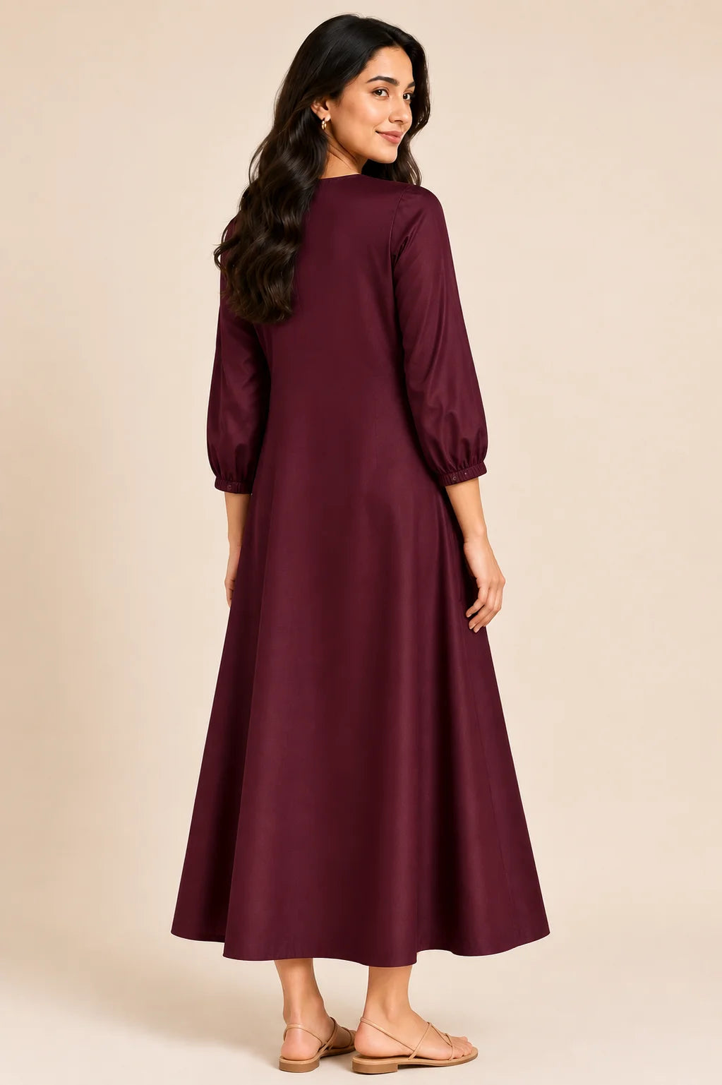Maroon Button Down A-Line Midi Dress with Pockets