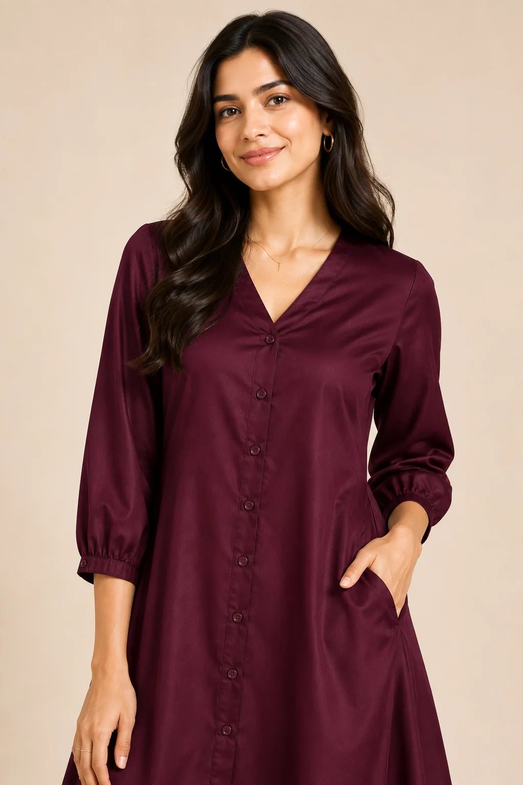 Maroon Button Down A-Line Midi Dress with Pockets