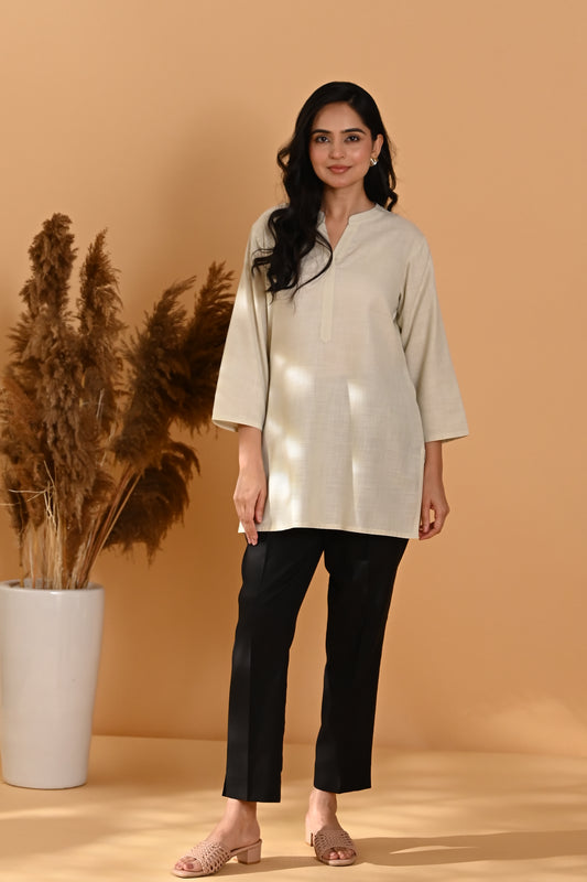 Elira Short Cotton Kurta- Beige