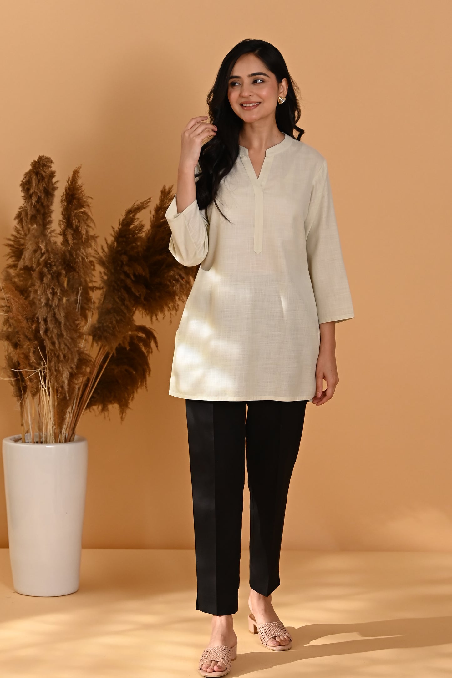Elira Short Cotton Kurta- Beige