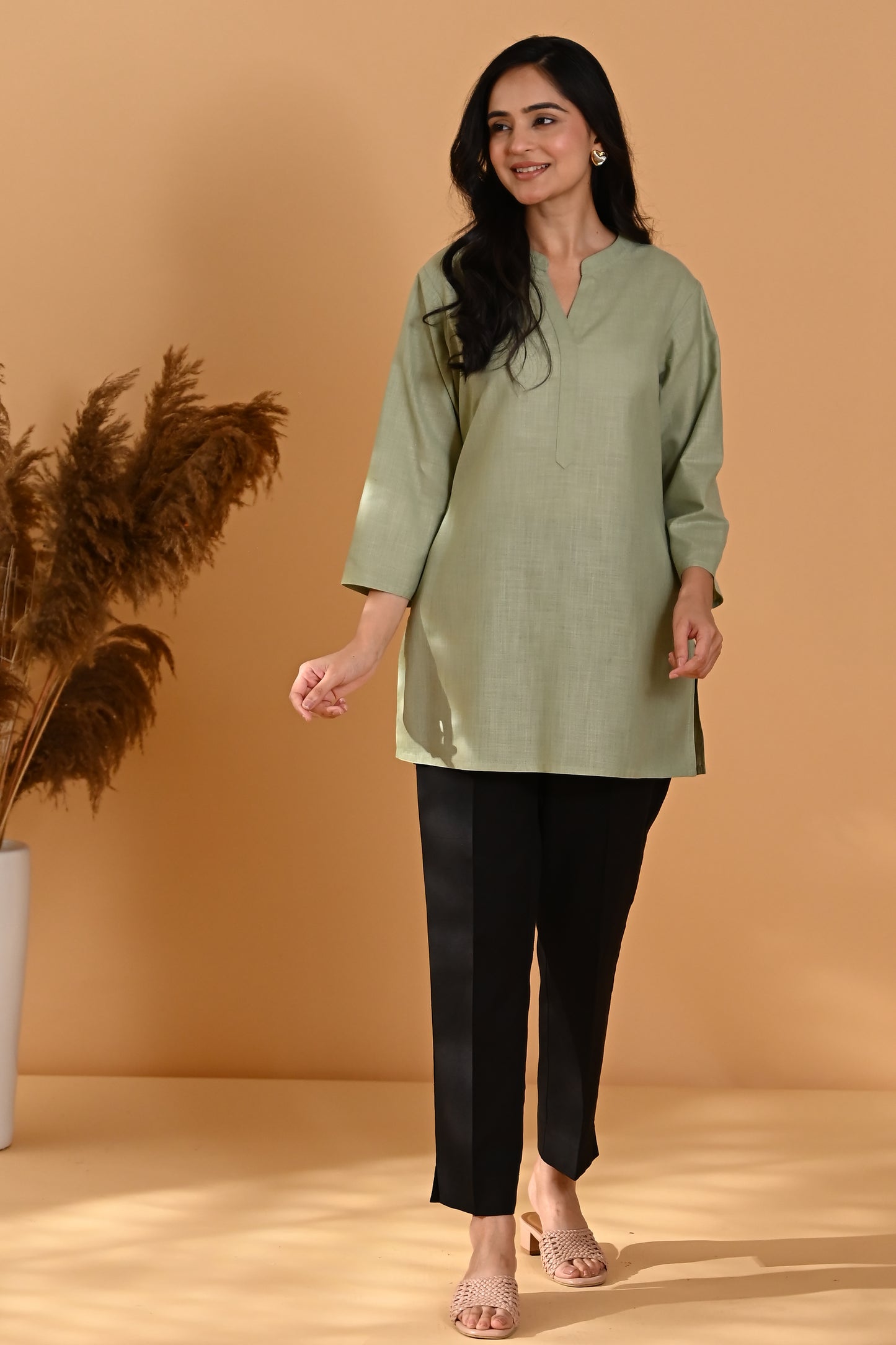 Elira Short Cotton Kurta- Sage