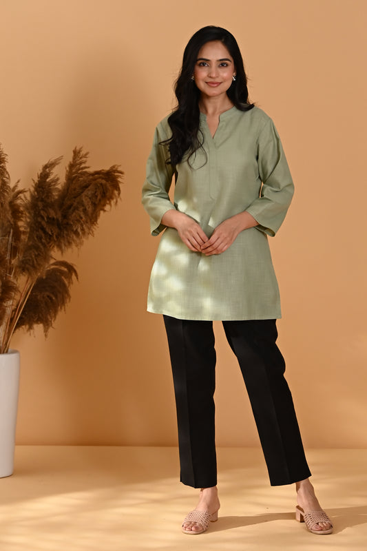 Elira Short Cotton Kurta- Sage